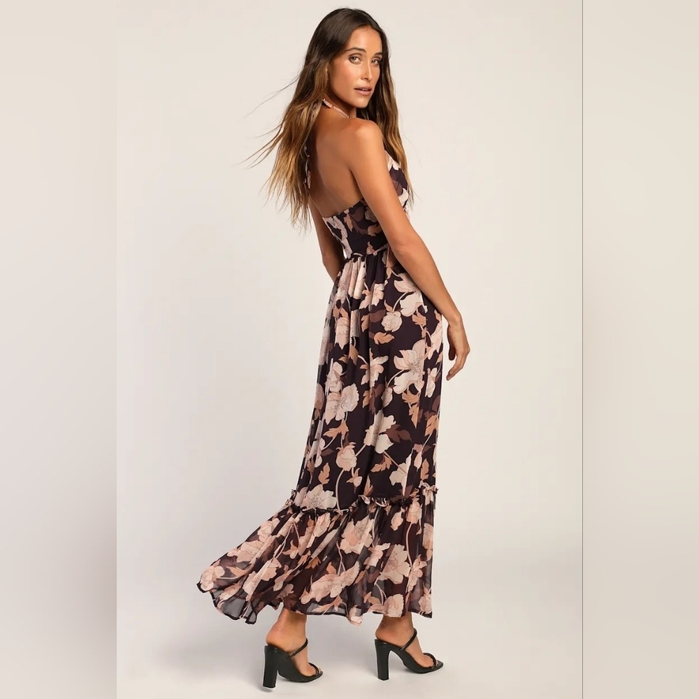 Lulus Blooming Elegance Purple Floral Cutout Halter Maxi Dress S Wedding Party - Picture 4 of 9